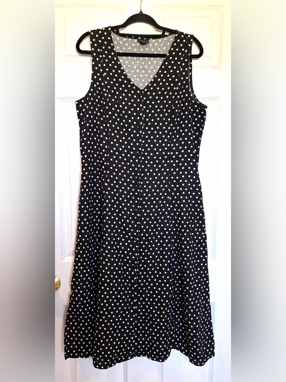 Tahari Black White Button Front Polka Dot Sleeveless Dress - Size L